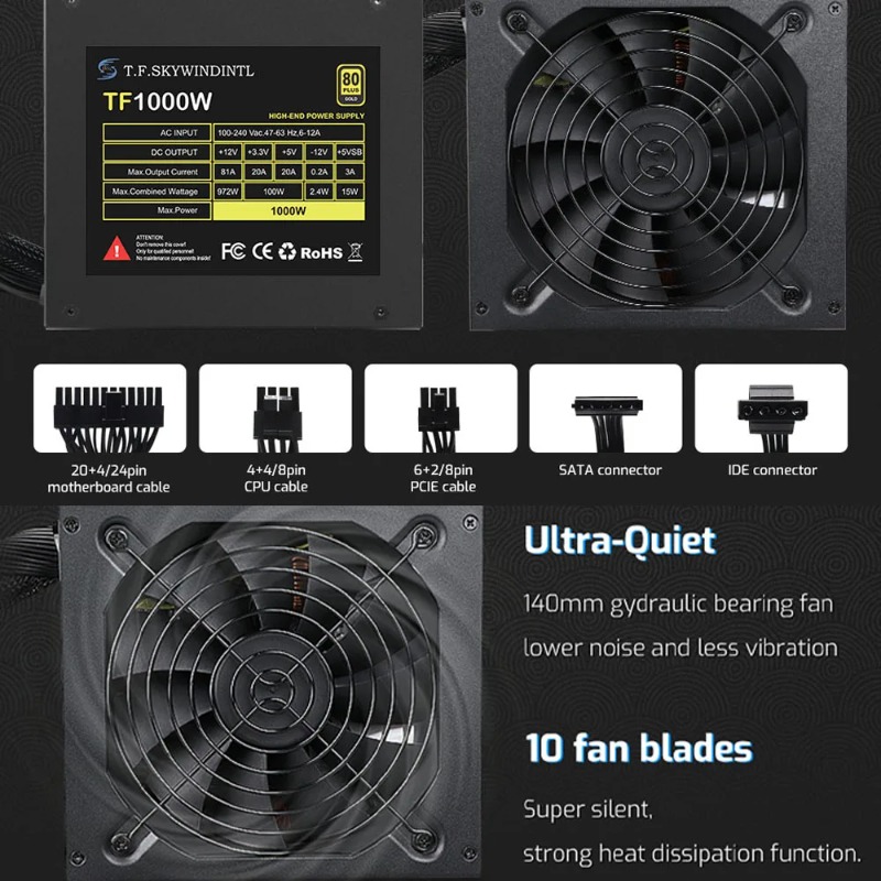 1000W 100-240V ATX Gold Power  - Pc Unit For Gaming avaliação e preço